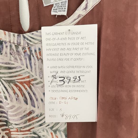 Rust Sleeveless Midi Dress Tropical Art to Wear Tie Back Boho Resort Rayon S NWT - Picture 4 of 9